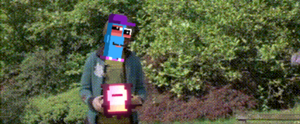 a pixelated image of a man with a purple hat holding a pink box with the number 1 on it