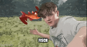a man is standing in a field with a fish on his head and the word fisch on the bottom