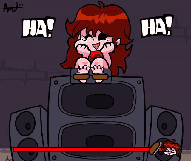 a cartoon drawing of a girl sitting on top of a speaker with ha written on it