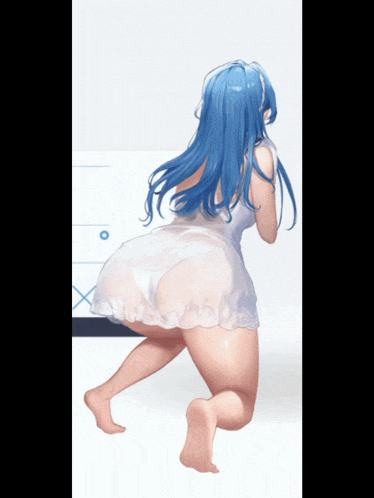 a girl with blue hair and a white dress is kneeling down