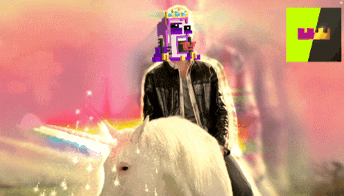 a man is riding a white horse with a purple mask on his face