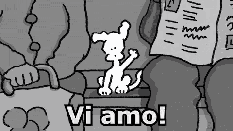 a black and white cartoon of a dog with the words vi amo written below it