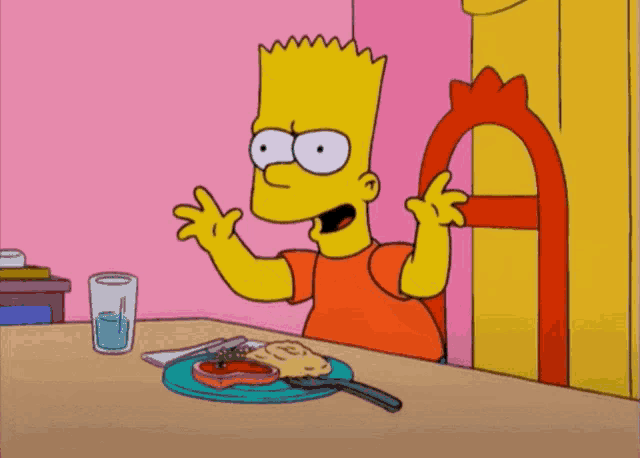 bart simpson sits at a table with a plate of food and a glass of water