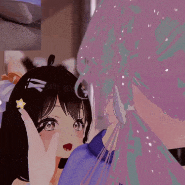 a close up of a purple haired anime girl