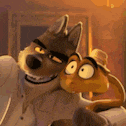 a wolf and a rabbit are standing next to each other .