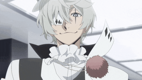 a man with white hair and a black collar has a playing card on his neck