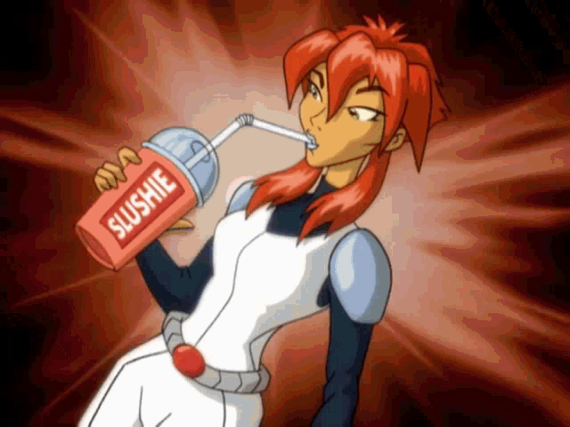 a cartoon character drinking slushie from a cup