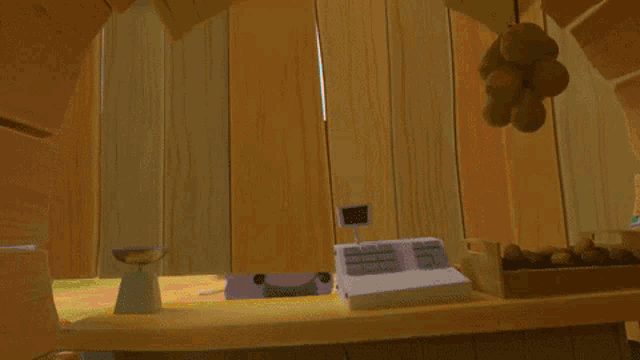 a cartoon of a sheep standing in front of a counter