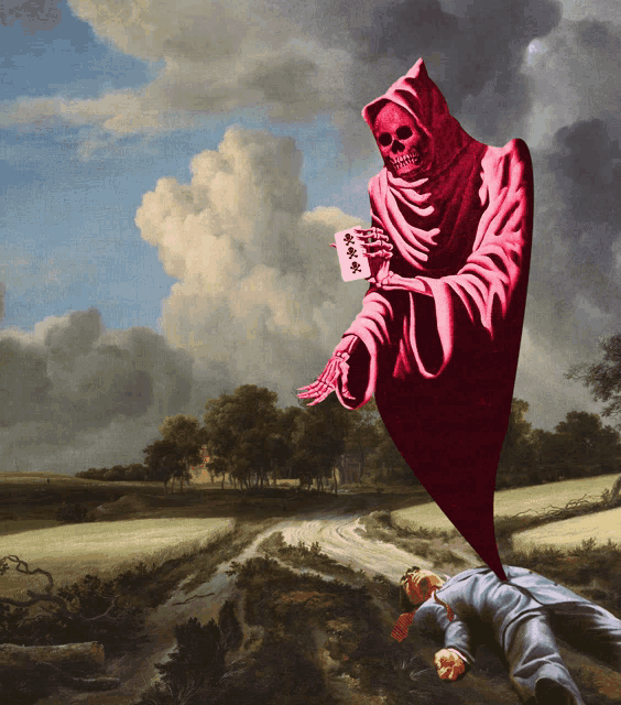 a painting of a grim reaper holding a card that says ' i love you '