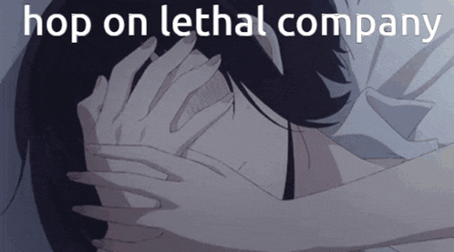 a person covering their face with their hands with the words hop on lethal company written above them