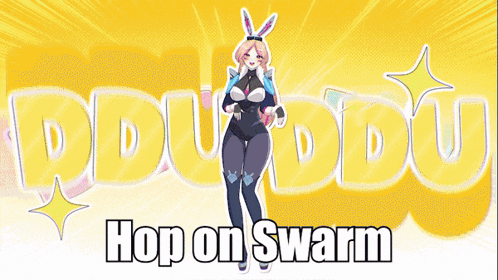 a girl with bunny ears is on a poster that says " hop on swarm "