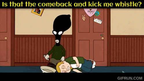 a cartoon of a boy laying on the floor with the caption " is that the comeback and kick me whistle ? "