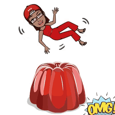 a cartoon woman is falling into a red jelly container .