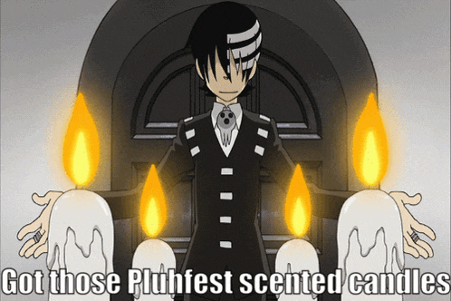 a cartoon of a man holding candles with the words got those pluhfest scented candles