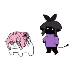 a cartoon of a girl with pink hair and a purple sweater standing next to a cartoon of a cow .