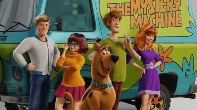 a group of scooby doo characters standing in front of a green van .