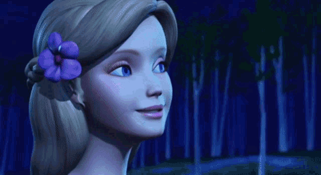 a doll with a purple flower in her hair