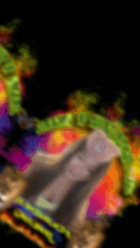a colorful painting with a black background and a few letters on it