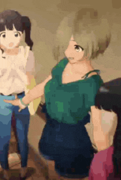 a group of anime girls are standing next to each other and one of them is wearing a green shirt .
