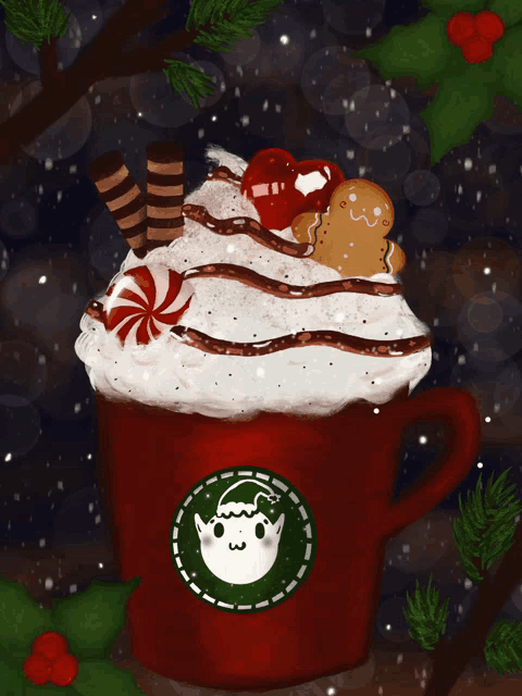 a cup of hot chocolate with whipped cream and candy canes