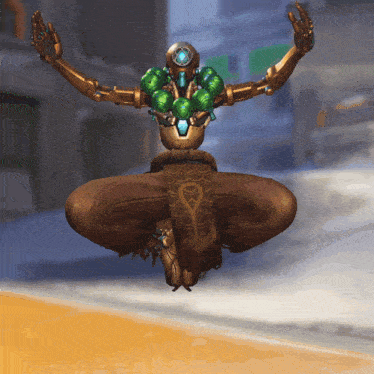a robot with green balls on it 's arms is flying in the air