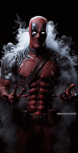 deadpool is surrounded by smoke on a black background and has his hands outstretched