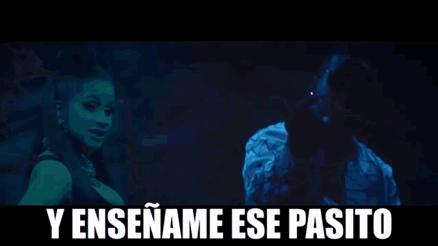 a picture of a man and a woman with the words y enseñame ese pasito