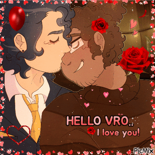 a cartoon of two men kissing with the words hello vro i love you