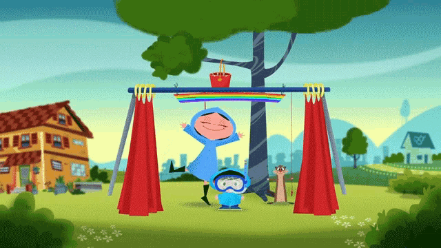 a girl in a blue raincoat is sitting on a swing