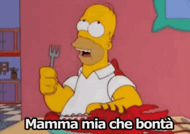 a cartoon of homer simpson holding a fork with the words mamma mia che bonta below him
