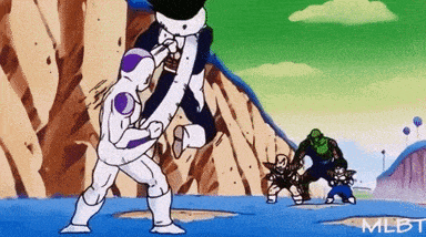 a group of people are fighting each other in a cartoon scene from dragon ball z .