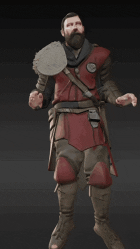 a man with a beard is wearing a red armored outfit