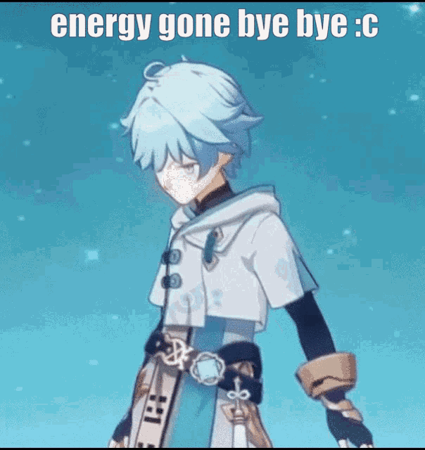 a blue haired anime character with the words energy gone bye bye : c