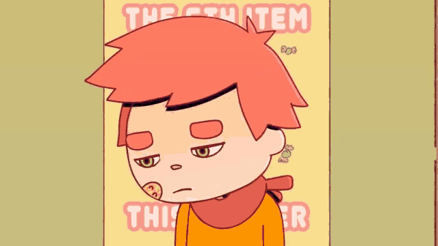 a cartoon character with red hair is standing in front of a poster that says this