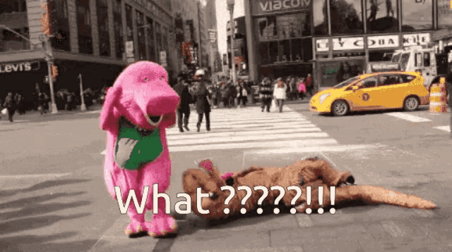 a pink stuffed animal standing next to a brown stuffed animal with the words what on it