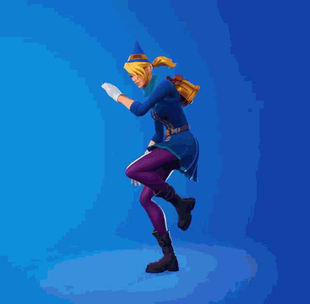 a girl in a blue dress and purple tights is dancing on a blue background