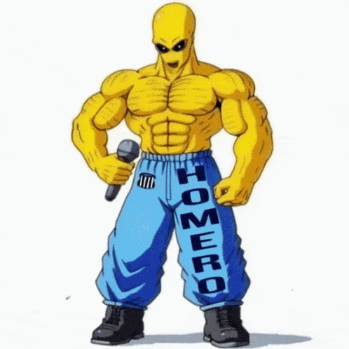 homer simpson is holding a microphone and wearing a pair of blue pants that say homero