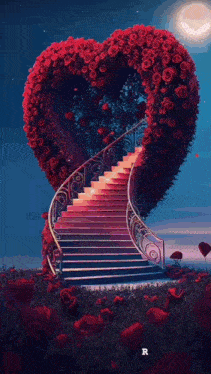 a staircase leading up to a heart shaped tree made of roses .