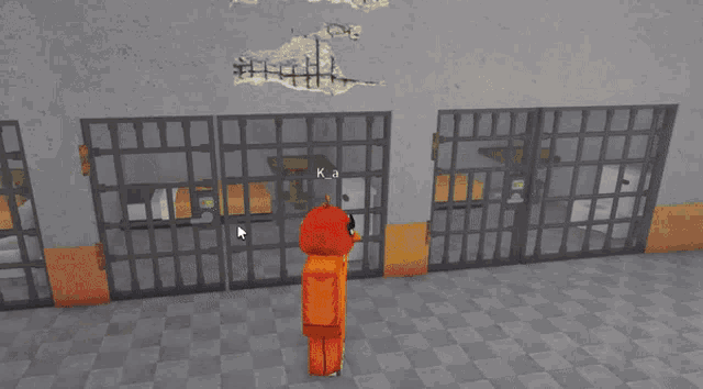 two roblox characters in orange jumpsuits are running in a jail