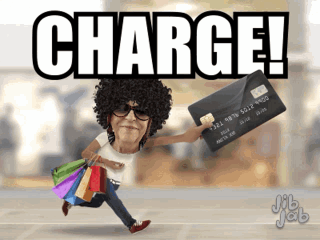 a cartoon of a woman running with shopping bags and a credit card that says ' charge ' on it