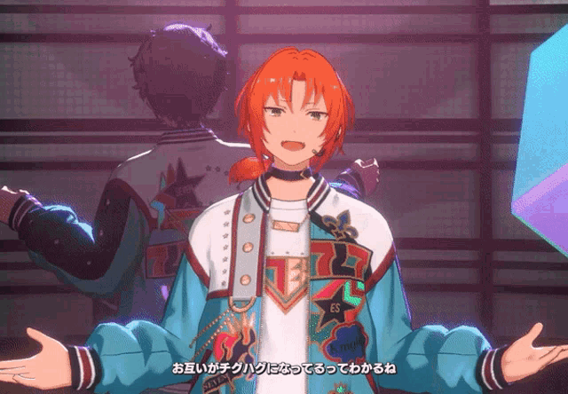 a cartoon character with red hair is wearing a blue jacket