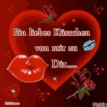 a red heart with two kisses on it and a rose in the middle .