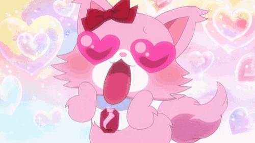 a pink cartoon cat wearing heart shaped glasses and a bow