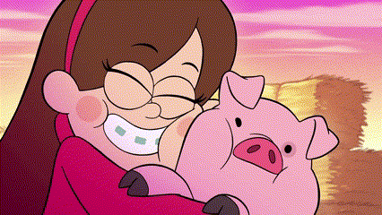 a cartoon girl is holding a pig in her arms and smiling .