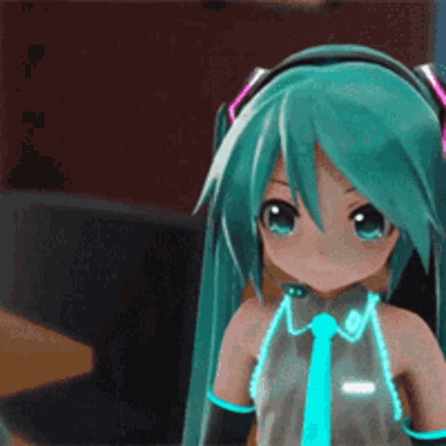 hatsune miku is wearing headphones and a tie and looking at the camera