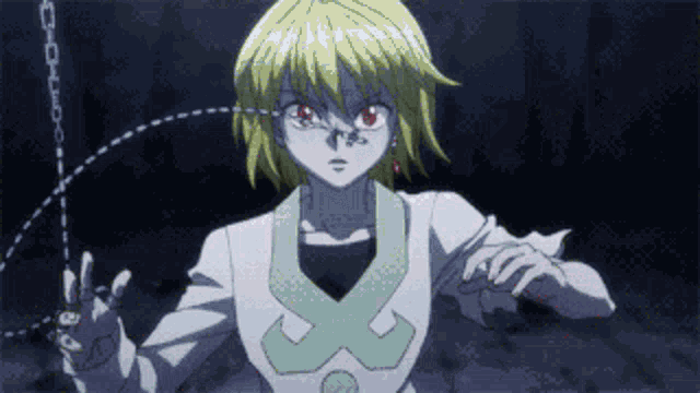 a pixelated image of a girl with yellow hair and red eyes holding a chain