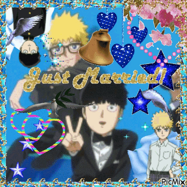 a picture of two anime characters with the words just married