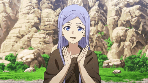 a girl with purple hair and blue eyes is standing in front of rocks
