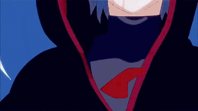 a close up of a person 's face with a blue background and a red ribbon around their neck .