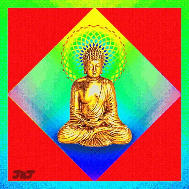 a painting of a golden buddha with a rainbow background